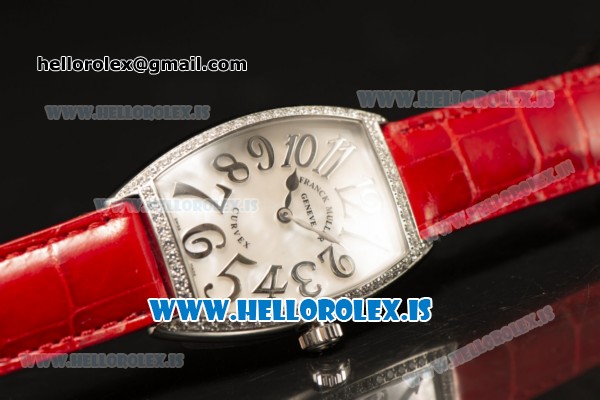 Franck Muller CINTR?E CURVEX Diamond Bezel With Red Calfskin Strap Swiss Ronda 762 Quartz White Dial - Click Image to Close